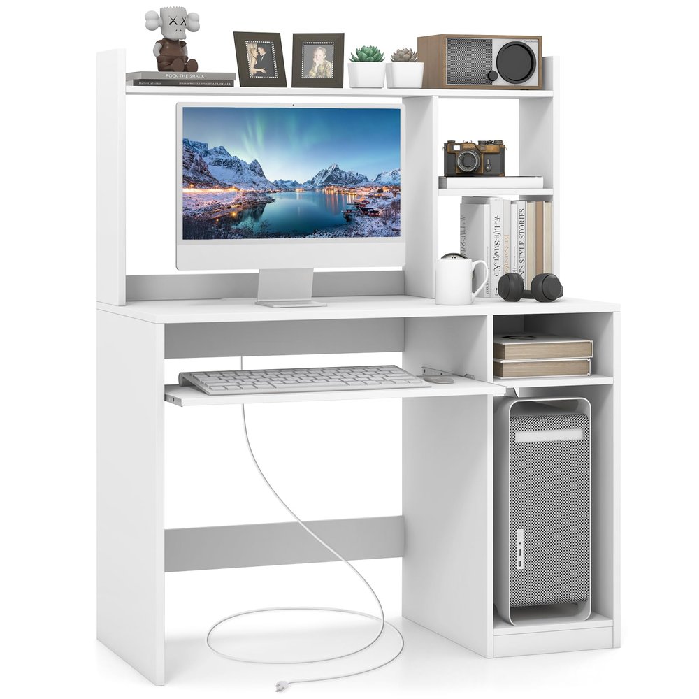 COSTWAY White Modern Large Computer Desk with Storage Shelf, Office Desk with Hutch, CPU Stand & Keyboard Tray, Home PC Desk with Bookshelf, for Bedroom, Study, Living Room