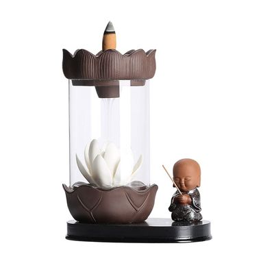 Incense Burner Backflow Incense Burner Ceramic Acrylic Plastic Cover Lotus Waterfall Incense Cones Holder Feng Shui Zen Home Office Yoga Desktop Ornaments Incense Holders