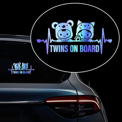 Iprokiu 2pcs Cute Cartoon Heartbeat Twins on Board Car Sticker Kids Baby on Board Car Window Bumper Decal Waterproof Vinyl Decal Safety Warning Decal Baby in Car Sticker (Rainbow Blue)