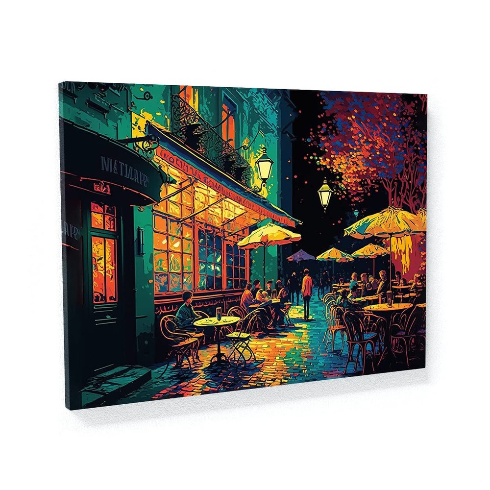 Sense Canvas Pop Art Cafe Terrace At Night 60 Canvas Art - Home Decor Wall Art Print Poster Painting Small 16x12 / 0.75"