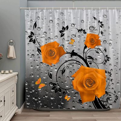ZZYSKS Floral Butterfly Shower Curtain Orange Rose Flower Spring Botanical Rustic Farmhouse Abstract Gray Modern Realistic Water Drop Creative Decor Fabric Bathroom Set with Hooks 70Wx70H Inch