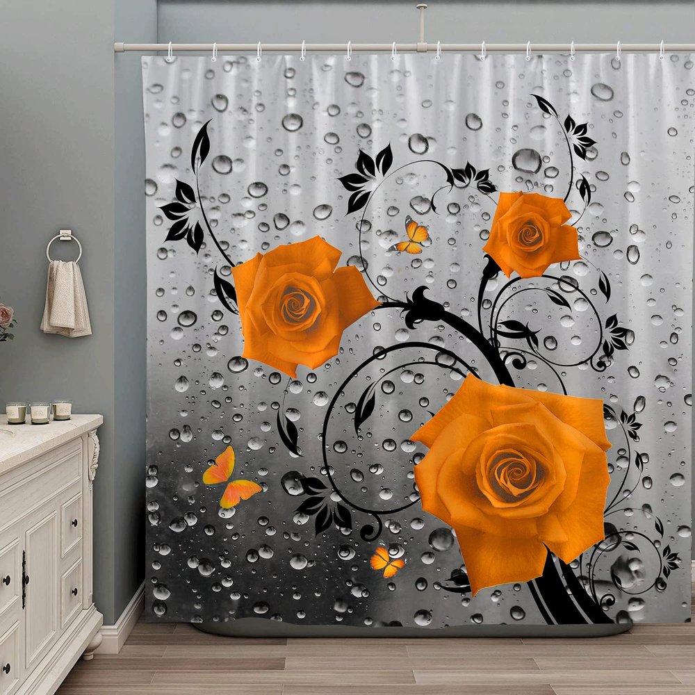 ZZYSKS Floral Butterfly Shower Curtain Orange Rose Flower Spring Botanical Rustic Farmhouse Abstract Gray Modern Realistic Water Drop Creative Decor Fabric Bathroom Set with Hooks 70Wx70H Inch