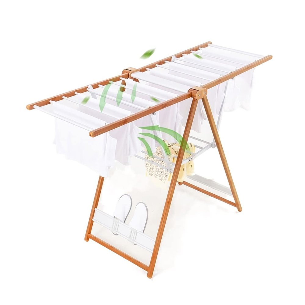 BNNP Drying Rack Nordic Foldable Drying Rack Aluminum Alloy Double-Layer Drying Rack Floor-to-Ceiling Wing-Shaped Wood Grain Drying Rack Portable Dryer ( Size : Medium )
