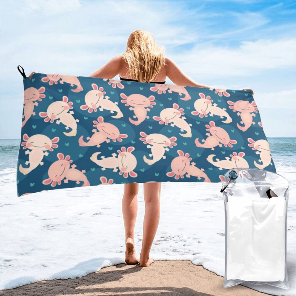 Microfiber Oversized Beach Towels, Baby Axolotl Kawaii Beach Bath Towels, Absorbent Quick Dry Portable Foldable Pool/Swimming/Bath Towels for Adults Boys and Girls Beach Accessories 31.5"x63"
