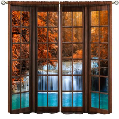 Landscape Curtains,Autumn Scenery View Forest Waterfall 3D Print Bedroom Living Room Window Treatments Curtains 84x84in