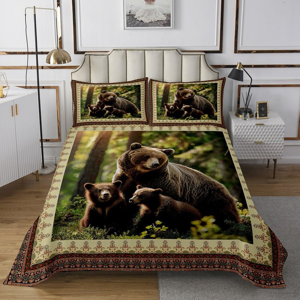 Black Bear Decor Coverlet Set Twin Size,Rustic Cabin Wildlife Bear Bed Cover for Kids Boys Girls Room Decor,Bohemia Exotic Flower Design Quilt Set Retro Country Style Quilted with 1 Pillowcase,Soft