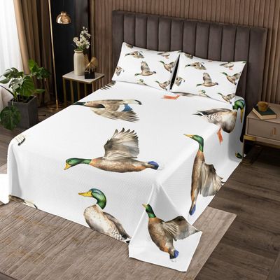 Feelyou Mallard Duck Coverlet Set Hunting and Fishing Bedspread Wild Animal Quilted Coverlet for Boys Girls Kids Wildlife White Quilted King Size with 2 Pillow Case