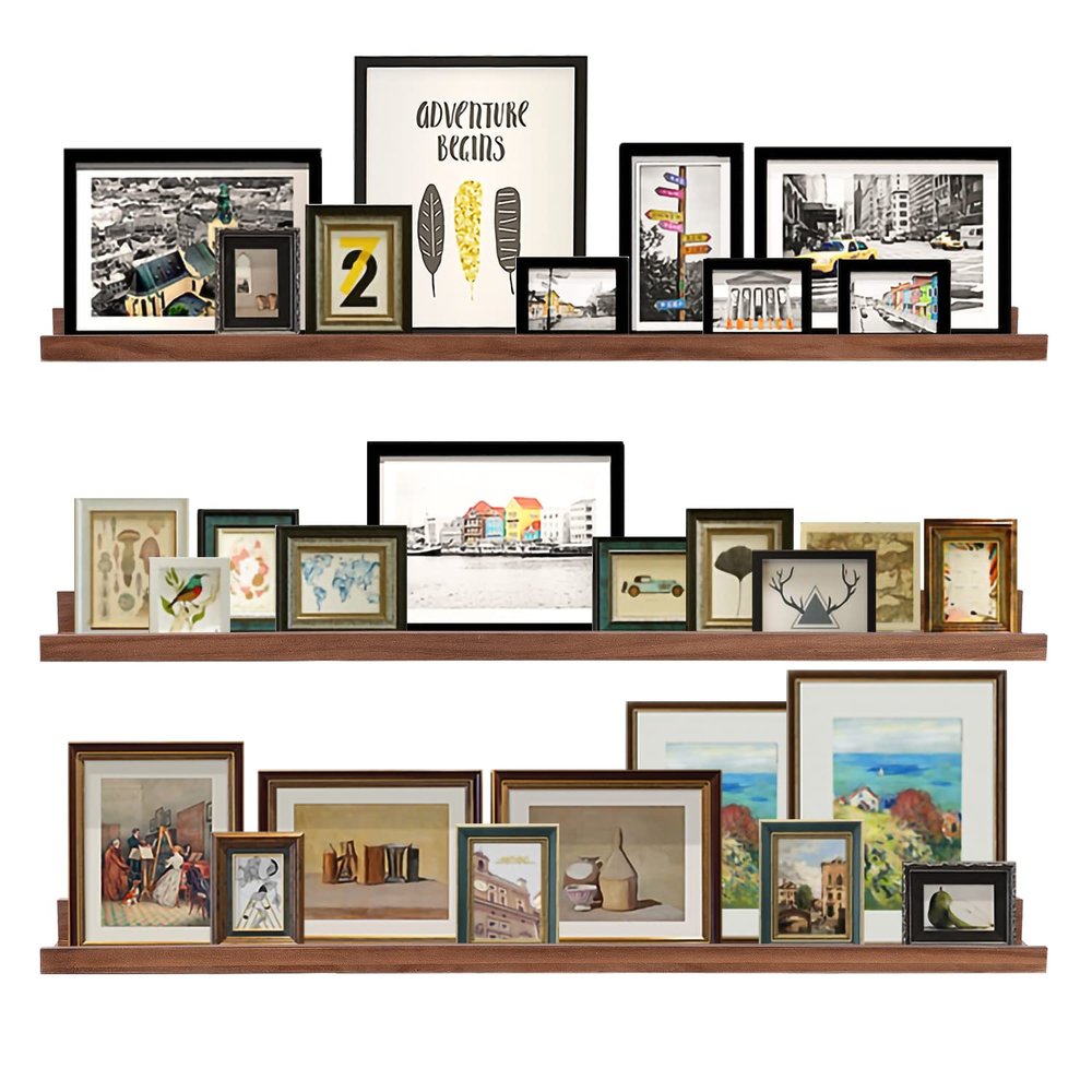 AZSKY 48 Inch Long Floating Shelves Wall Mounted Light Walnut Narrow Photo Picture Ledge Shelves Set of 3 Nursery Book Shelves Photo Frames Display Shelves Kitchen Spice Rack