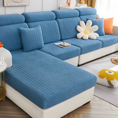 Stretch Sectional Couch Covers,L Shape Sectional Sofa Couch Covers,Wheat Ear Texture Magic Sofa Cover,Recliner Sofa Covers,Anti-Slip Furniture Protector,Washable (SMALL 3-PERSON CUSHION,Lake Blue)