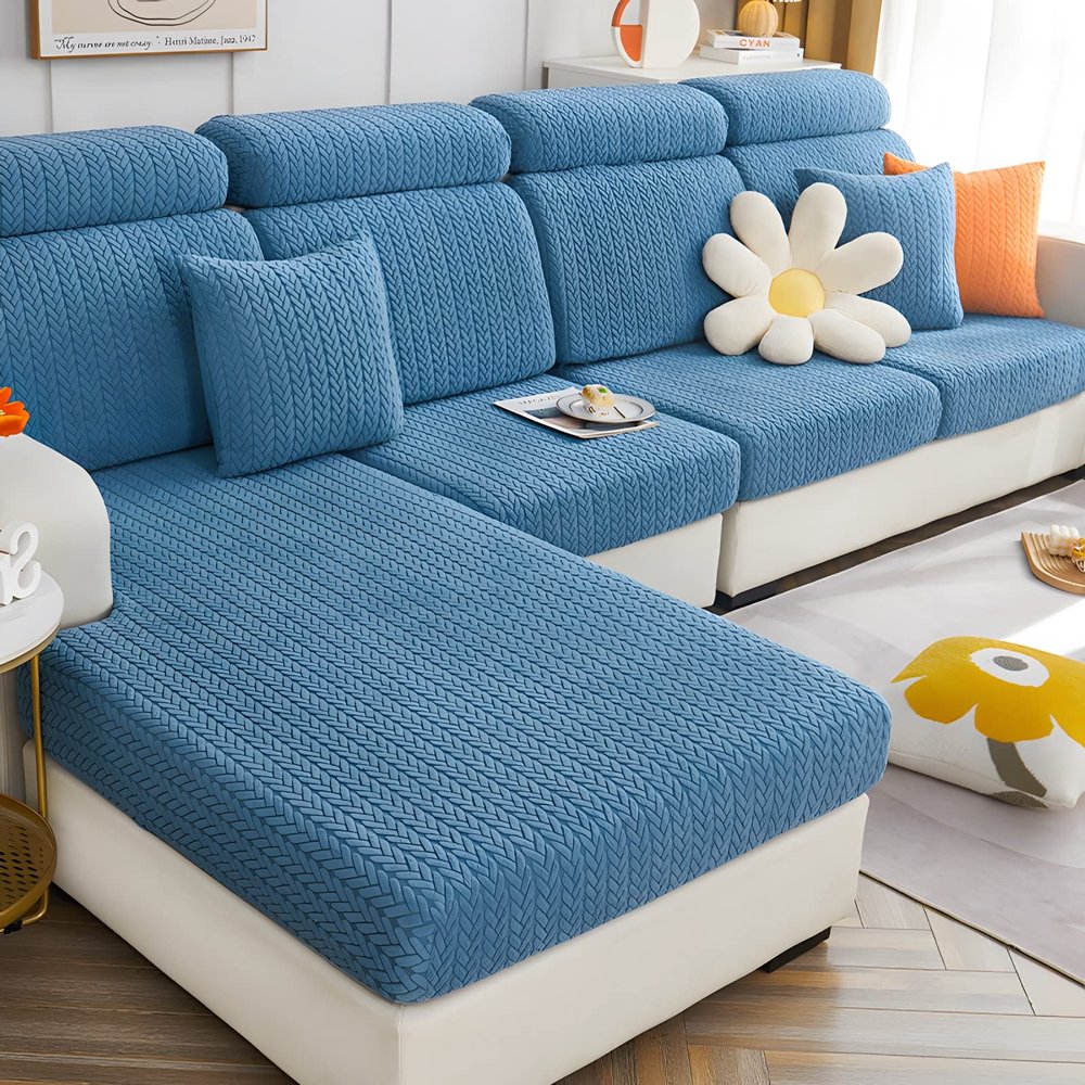 Stretch Sectional Couch Covers,L Shape Sectional Sofa Couch Covers,Wheat Ear Texture Magic Sofa Cover,Recliner Sofa Covers,Anti-Slip Furniture Protector,Washable (SMALL 3-PERSON CUSHION,Lake Blue)