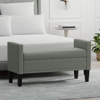 Glenwillow Home 46" Upholstered Storage Bench with Track Arms, Wood Legs, and Nailhead Trim in Stone (Light Gray)