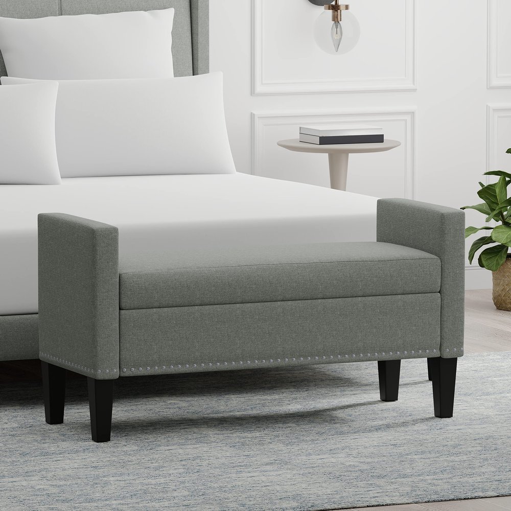 Glenwillow Home 46" Upholstered Storage Bench with Track Arms, Wood Legs, and Nailhead Trim in Stone (Light Gray)