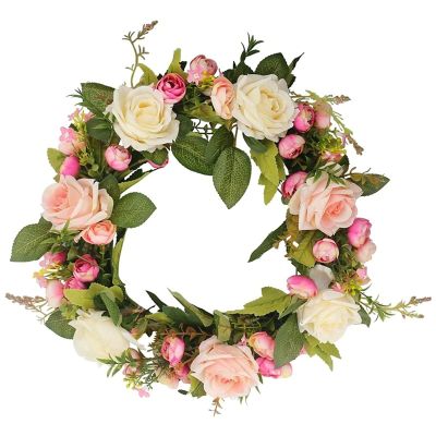 Welcome Wreath Artificial Flower Wreath/Handmade Floral Artificial Simulation Rose Flowers Garland Wreath for Home Front Door Christmas Decoration 35CM Artificial Eucalyptus Wreath