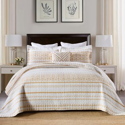 BCOTTOND Boho Quilt Set Queen Size - 100% Cotton Boho Striped Queen Quilt Set Bohemian Quilted Bedspread Lightweight Queen Size Quilt Bedding Set All Season,Taupe Beige Tan White 3 Pieces