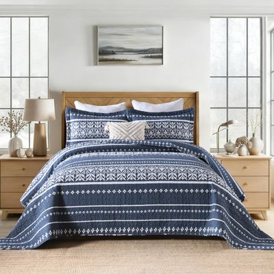 BCOTTOND Quilt Set 100% Cotton Boho Striped King Quilt,Navy Blue Quilt King Size Bohemian Pattern King Bedspread Lightweight All Season 3 Piece