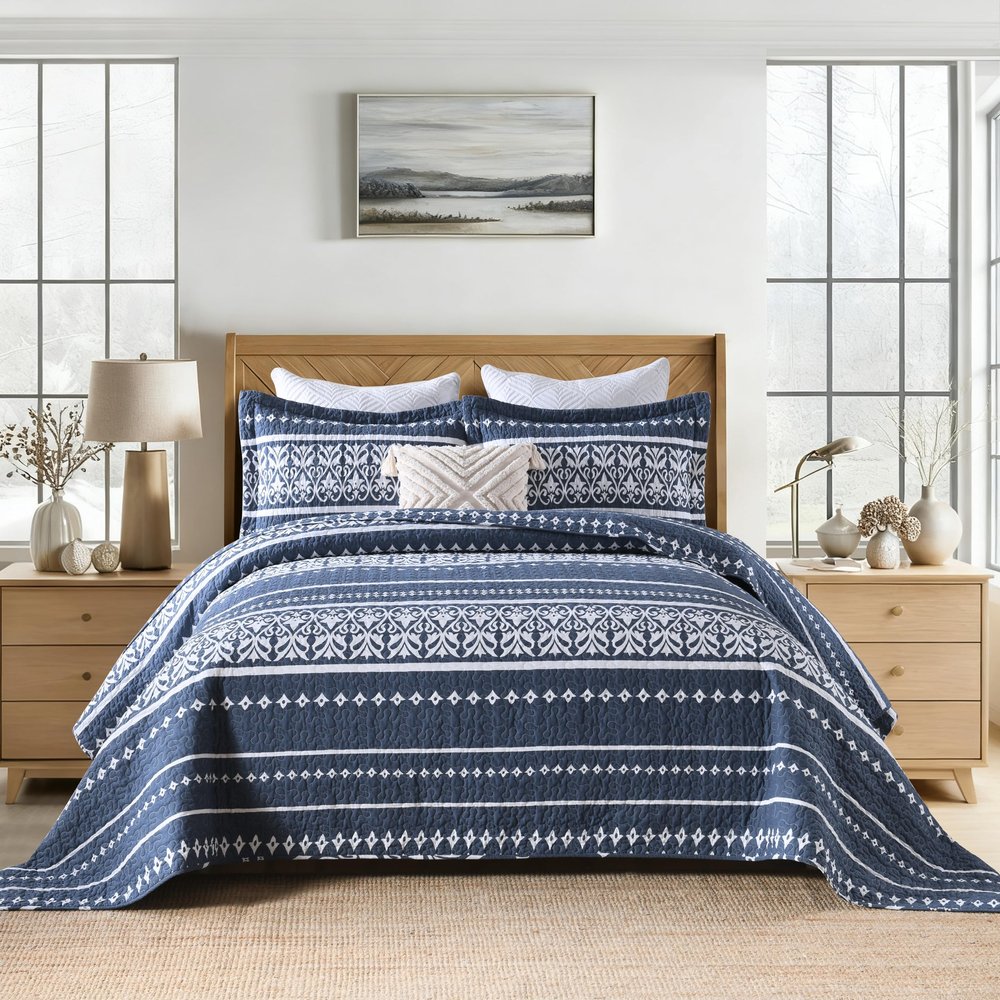 BCOTTOND Quilt Set 100% Cotton Boho Striped King Quilt,Navy Blue Quilt King Size Bohemian Pattern King Bedspread Lightweight All Season 3 Piece