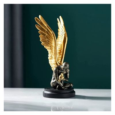 ALDEPO Sculpture Tabletop Angel Wings Model Statue Golden&Silver Resin Modern Abstract Sculpture Decor Living Room Decor (Color : Golden-Height 25.5cm)