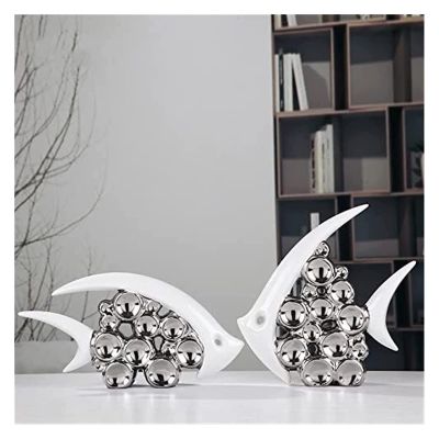 ALDEPO Sculpture Tabletop Statue Figurines Silver Plated Couple Kiss Fish Europe Ceramic Furnishing Articles Living Room Ornament Decoration