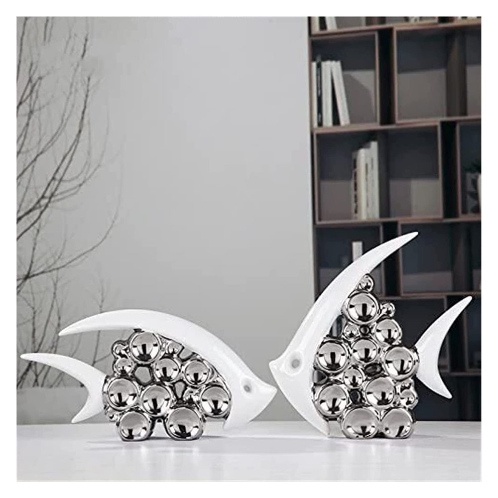 ALDEPO Sculpture Tabletop Statue Figurines Silver Plated Couple Kiss Fish Europe Ceramic Furnishing Articles Living Room Ornament Decoration