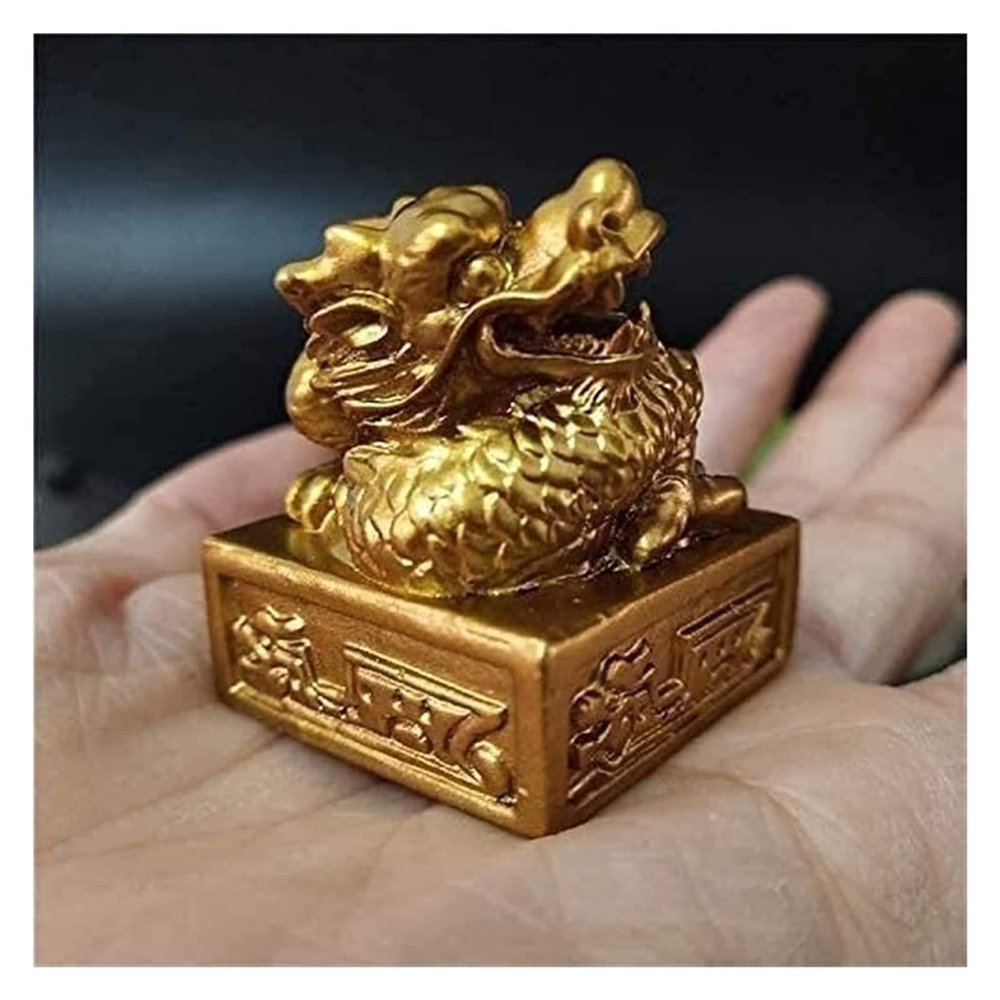 ALDEPO Sculpture Tabletop Fengshui Golden Chinese Dragon Statue Figurines Feng Shui Year Zodiac Dragon Imperial Jade Seal Crafts Statues