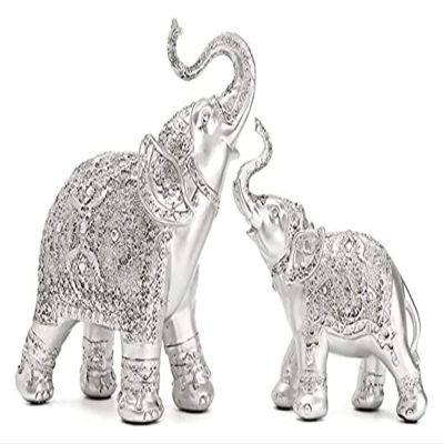 ALDEPO Sculpture Tabletop Fashion 2Pcs/Set Silver Polyresin Ornate Elephant Statue Lucky Figurine Sculptures Ornaments Office Decor Crafts Gift