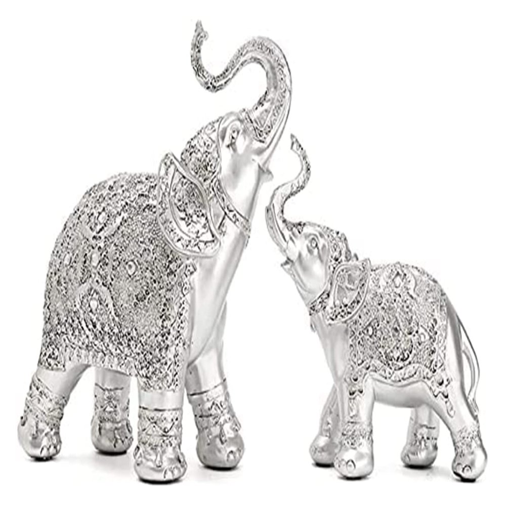 ALDEPO Sculpture Tabletop Fashion 2Pcs/Set Silver Polyresin Ornate Elephant Statue Lucky Figurine Sculptures Ornaments Office Decor Crafts Gift