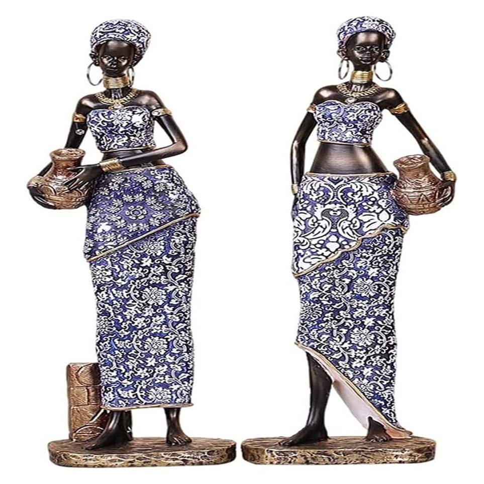 ALDEPO Sculpture Tabletop 2 Pieces Resin Craft African Lady Figurine Art Tribal Women Statue Desk, Freestanding (Color : Standing)