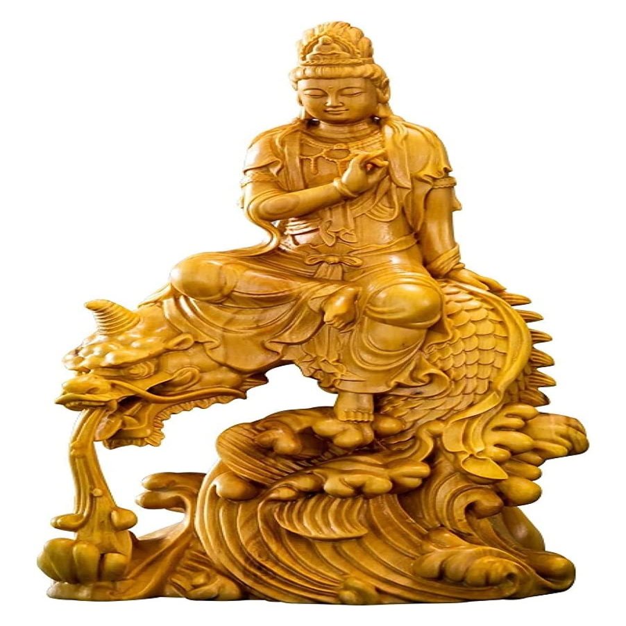 ALDEPO Sculpture Tabletop Sculptures Outdoor Decor Garden,Wood Buddha Statue Boxwood Dragon Bodhisattva Solid Wood Sculpture Feng Shui Decor