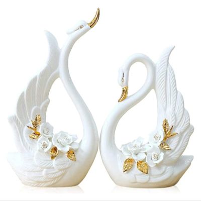 ALDEPO Sculpture Tabletop Decor Statues Decor,Creative Ceramic White Couple Swan Animal Crafted Figurines,Desktop Shelf Crafts Art Dcor Statuettes