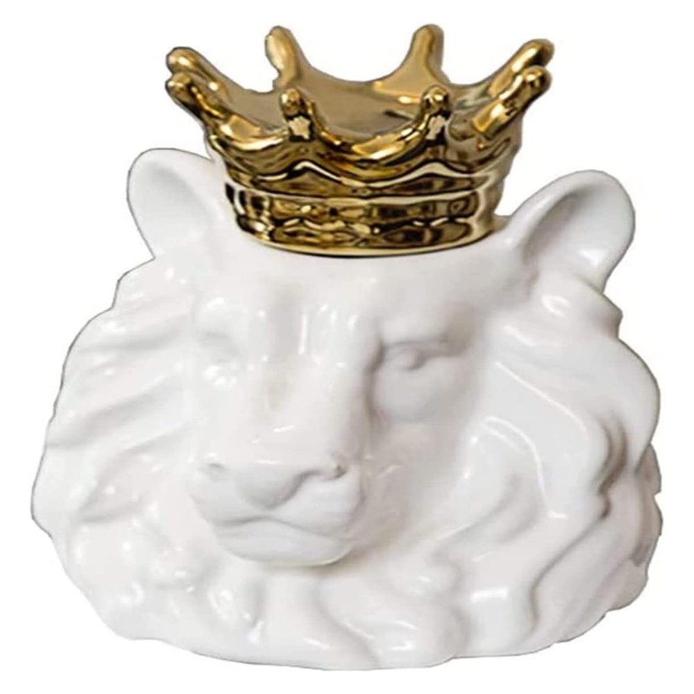 ALDEPO Sculpture Tabletop Decor Lion Bust Statue, Lion Head Forest King Crown Lion Ceramic Jar Crafts