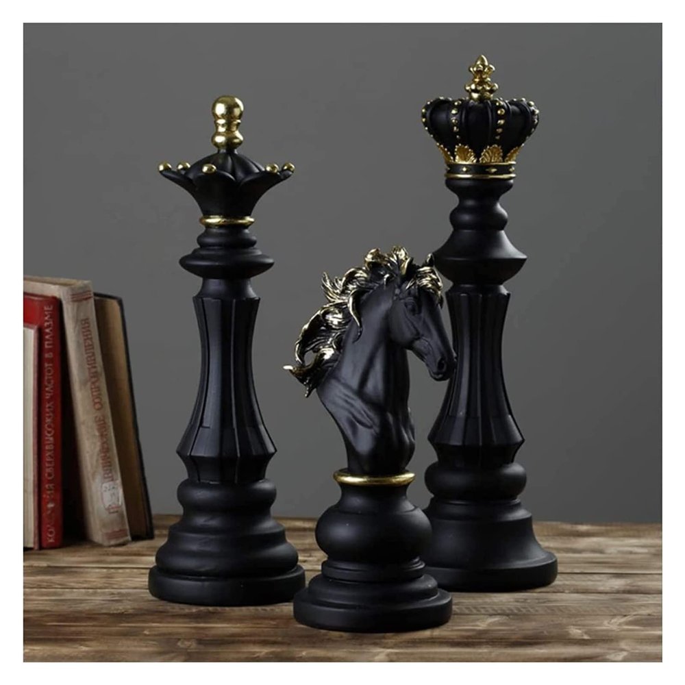 ALDEPO Sculpture Tabletop Decor Three Pack Chess King Queen Knight Statue Ornament Collectible Figurine Craft Furnishing House Office Desk Table Wine Cabinet Arrangement Gift