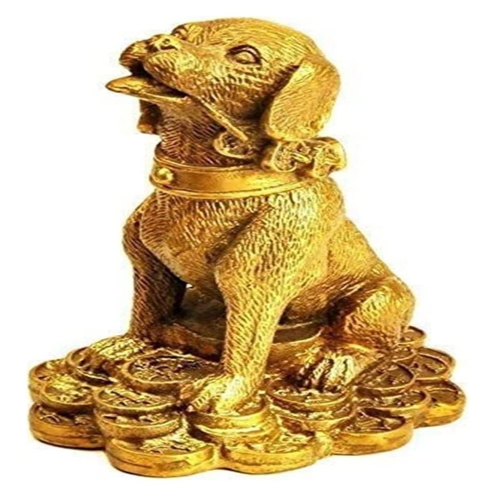 ALDEPO Sculpture Tabletop Decor Statues Pure Golden Zodiac Dog Brass Decor Figurine Chinese Feng Shui Gift Collection Attract Wealth and Good Luck and Office