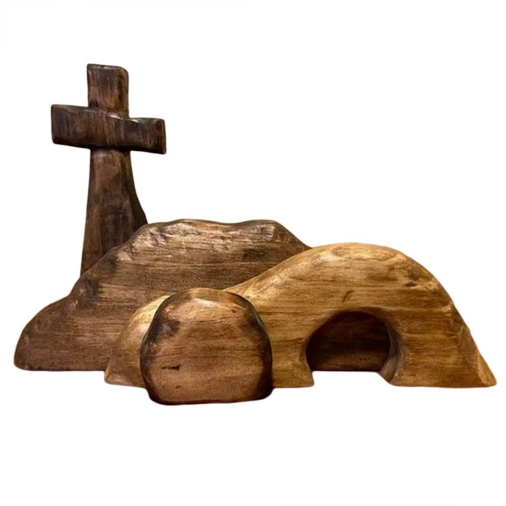 Easter Resurrection Scene Set The Empty Tomb Easter Scene and Cross,Wooden Jesus Nativity Christ Statue Decoration, Handcrafted Cross Figurines Decor Christian Home Wall Shelf Ideas(B)