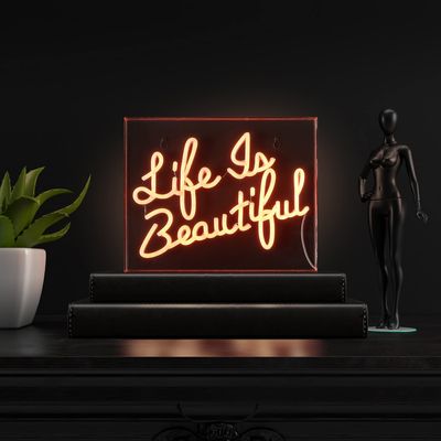 JONATHAN Y NEN1031A 13.7" x 10.9" Modern "Life is Beautiful" Neon Sign, Orange LED USB Powered Light, Contemporary Acrylic Box Wall Art and Tabletop Decor for Bedroom, Living Room, Dorm