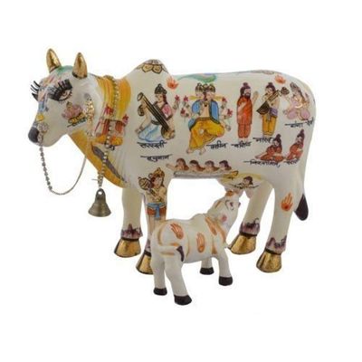 Aashita Creations Handcrafted Polyresin Kamdhenu Cow Figurine with Calf for Full Filling Wishes of Human Being (Multicolour, 19cmx12cmx15cm)
