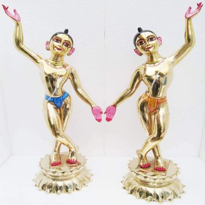 Aashita Creations Astadhatu Metal Shri Nitai Gaur Chaitanya & Nityanand Mahaprabhu Brass Idol - Down Hand Design - Standard, Golden (12 cm)