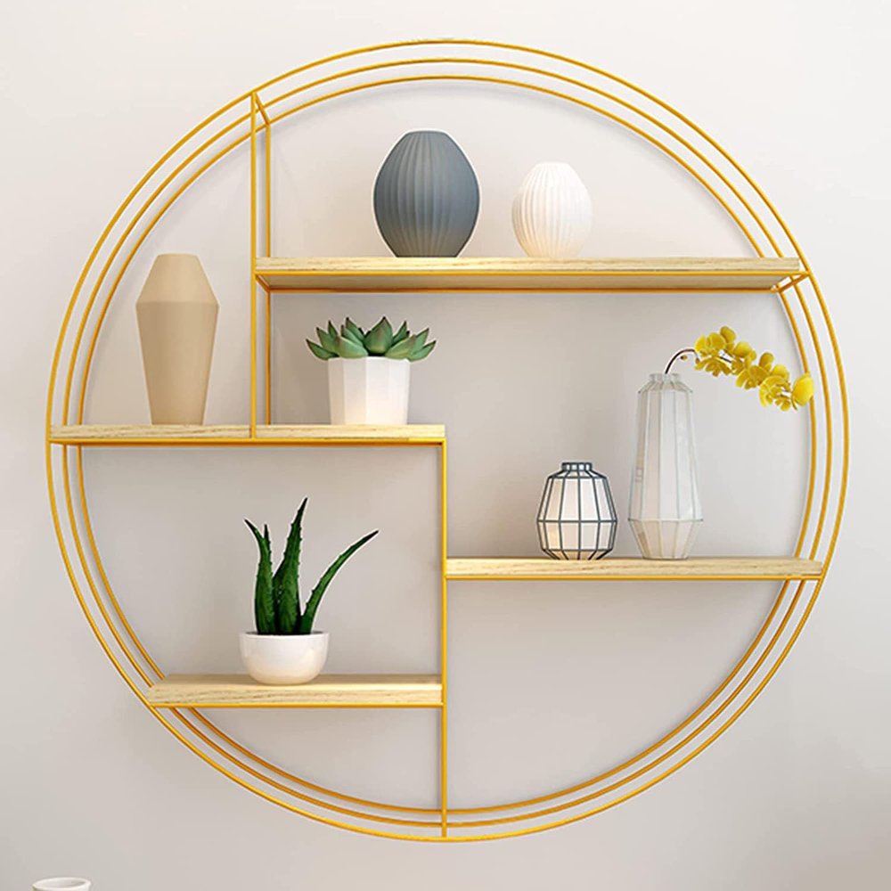 Floating Shelf, Circular Decorative Shelf, Wall-Mounted Display Rack, Solid Wood Flower Rack for Indoor Use,,Gold