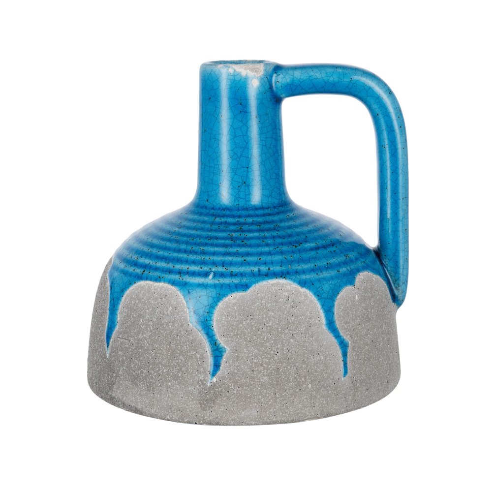 A&B Home Decorative Flower Vase, Ceramic Vase with Handle Design, Tabletop Home Decor, Bedroom Living Room Accent Piece Entryway Console Sideboard Vase, Blue and Gray, 7" x 7" x 7"