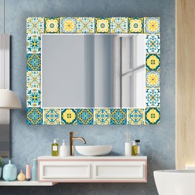My Photostation.com 35.5x24''(Horizontal) Tempered Glass Wall Mirror Entryway Decor Bathroom Mirror Wall Decor for Bedroom-Boho Ethnic Mirror Decal-Mosaic Pattern Talavera Mirror