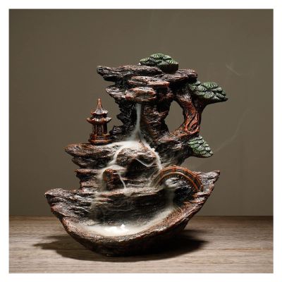 Incense Burner Incense Censer Waterfall Backflow Incense Burner Zen Resin Rockery Water Flowing Mountain View Ornaments with 20Pcs Incense Cones Incense Holders ( Color : PUAA and 20Incense )