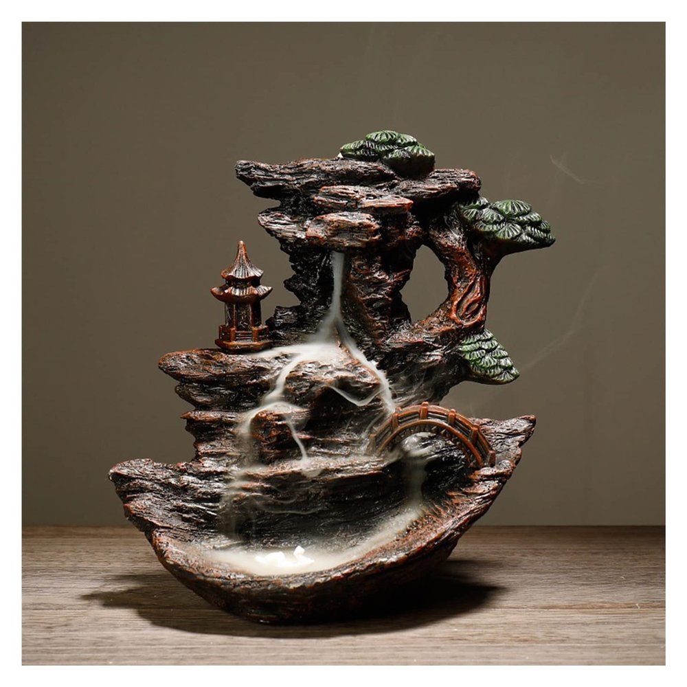 Incense Burner Incense Censer Waterfall Backflow Incense Burner Zen Resin Rockery Water Flowing Mountain View Ornaments with 20Pcs Incense Cones Incense Holders ( Color : PUAA and 20Incense )