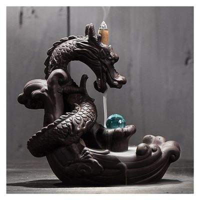 Incense Burner Ceramic Backflow Dragon Incense Burner Creative Home Decor Dragon Burner Censer with Lucky Crystal Ball Incense Holders