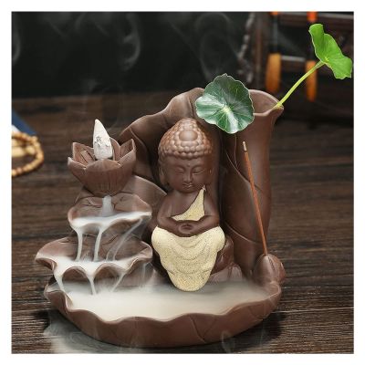 Incense Burner Purple Sand Handicraft Lotus Buddha Backflow Incense Burner Incense Stick Holder Buddha Ceramic Censer Tea Pet with 20Pcs Cones Incense Holders ( Color : Yellow with 20cones )