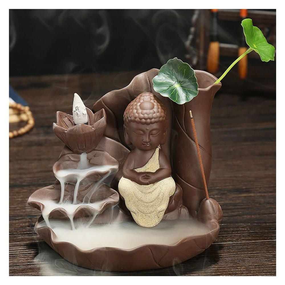 Incense Burner Purple Sand Handicraft Lotus Buddha Backflow Incense Burner Incense Stick Holder Buddha Ceramic Censer Tea Pet with 20Pcs Cones Incense Holders ( Color : Yellow with 20cones )