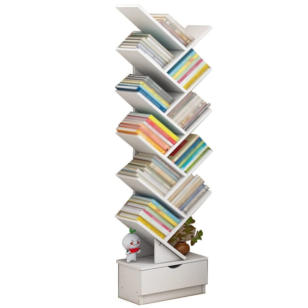 WAEYZ 13.3"*7.8"*55", Tree Rotating Bookshelf with Drawers, Narrow Open Bookshelves, Tall Retro Wood Book Shelves, for Small Spaces Bedroom,Office Use