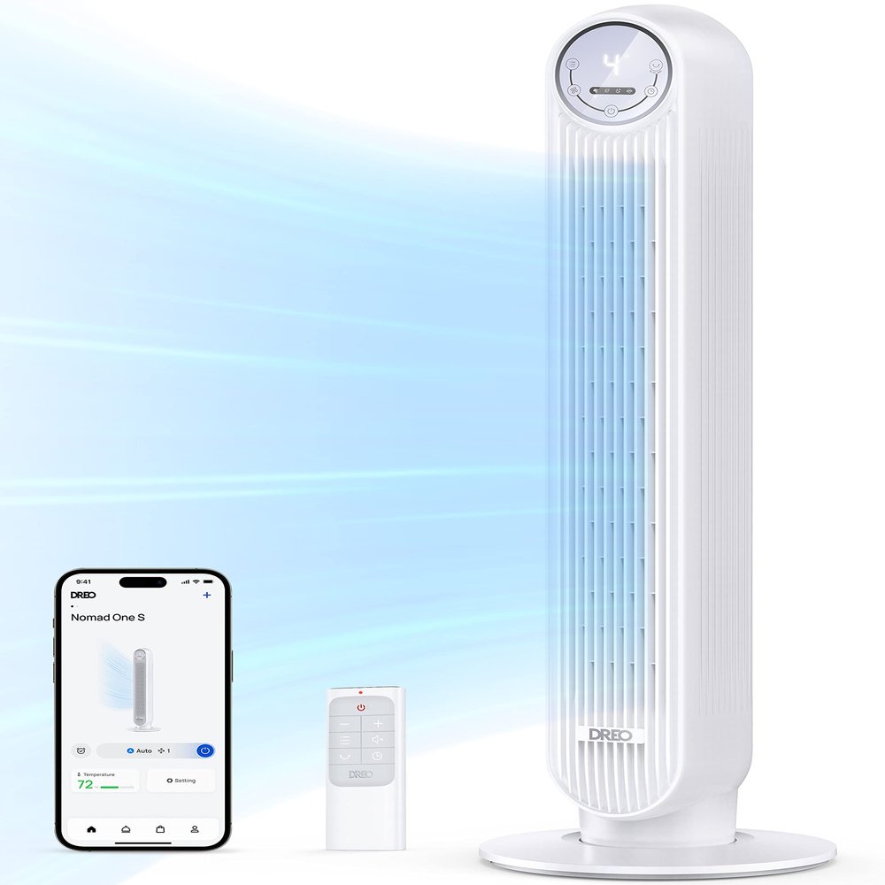 Dreo Tower Fan for Bedroom, 25ft/s Smart Standing Fans, 90 Oscillating Floor Fan with 4 Modes, 4 Speeds, 8H Timer, 28dB, Bladeless, Remote, 28 dB, Works with WiFi Voice Control