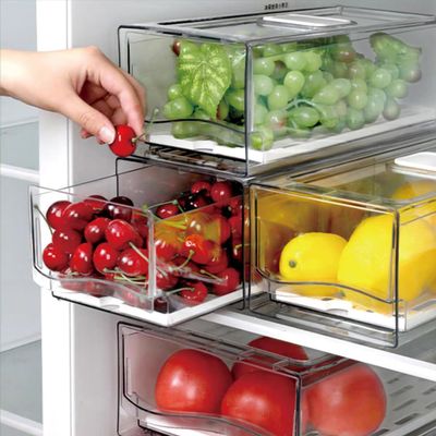 2 Pack Fruit Storage Containers for Fridge, Stackable Refrigerator Organizers with Strainer Layer,Reusable Storage Containers Clear Fridge Drawer for Produce,Vegetable in Kitchen,Fridge,BPA-Free