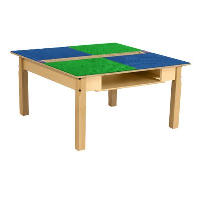 Contender Time-2-Play Kids Wooden Square Lego Compatible Play Table 35" Wide with 16" Legs, Montessori Building Blocks Desk with Trough and Shelf [Blue and Green]