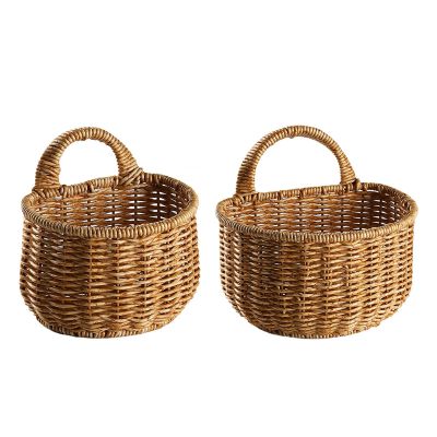 2 Wall Hanging Baskets Storage Basket Organizer For Flowers,Plants,Woven Baskets For Kitchen Bedroom Living Room Home Dcor,Portable Wall Hanging Flower Basket Organizer Fruit Vegetable Rattan Box