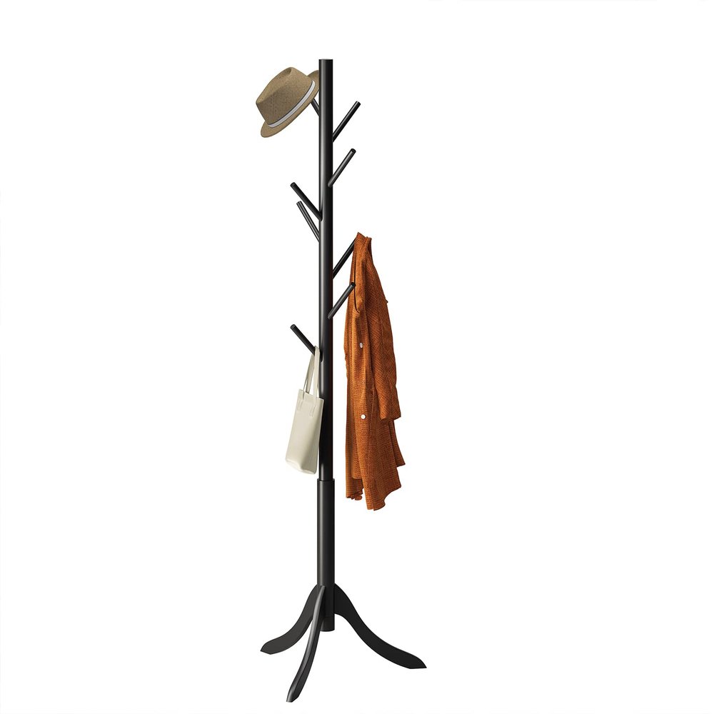 Furshus Coat Rack Freestanding, Coat Stands Entryway, Bamboo Coat Rack Hat Hanger 8 Hook for Jacket, Purse, Scarf Rack, Umbrella Tree Stand (Black)